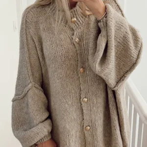 Casual Knitted Cardigan Women O-neck Single Breasted Loose Female Sweater 2024 Spring Solid Elegant Lantern Sleeve Lady Sweaters