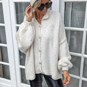 Office Sweaters Women Cardigan Knitted Long Lantern Sleeve O-neck Pullover Female Winter Spring Solid Casual Lady Jumper Top